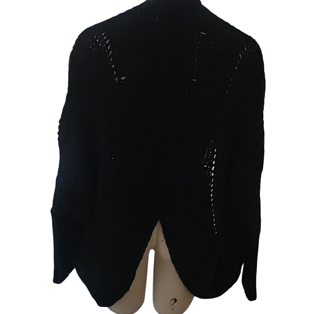Saks Fifth Avenue Black Wool Blend‎ Pointelle Knit Open Front Cardigan Sweater M